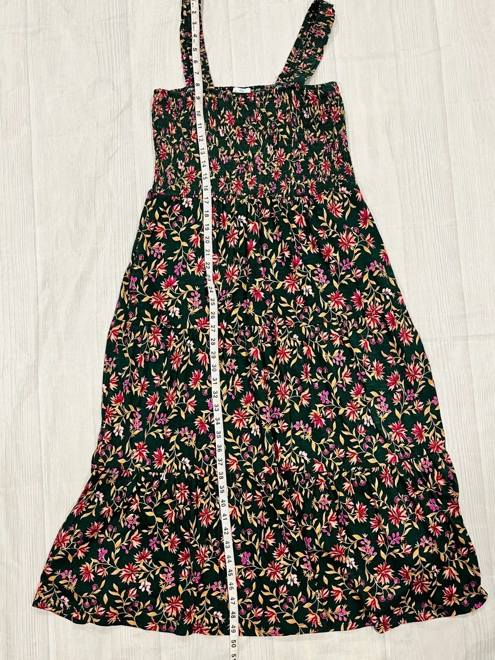 100% Organic Cotton Dark Green Floral Smocked Maxi Dress - Picture 6 of 8